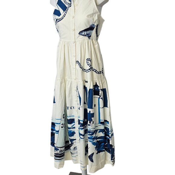 Anthropologie Maeve Sleeveless Midi Shirt Dress, Nautical, Smocked, Button, XS - Picture 5 of 10